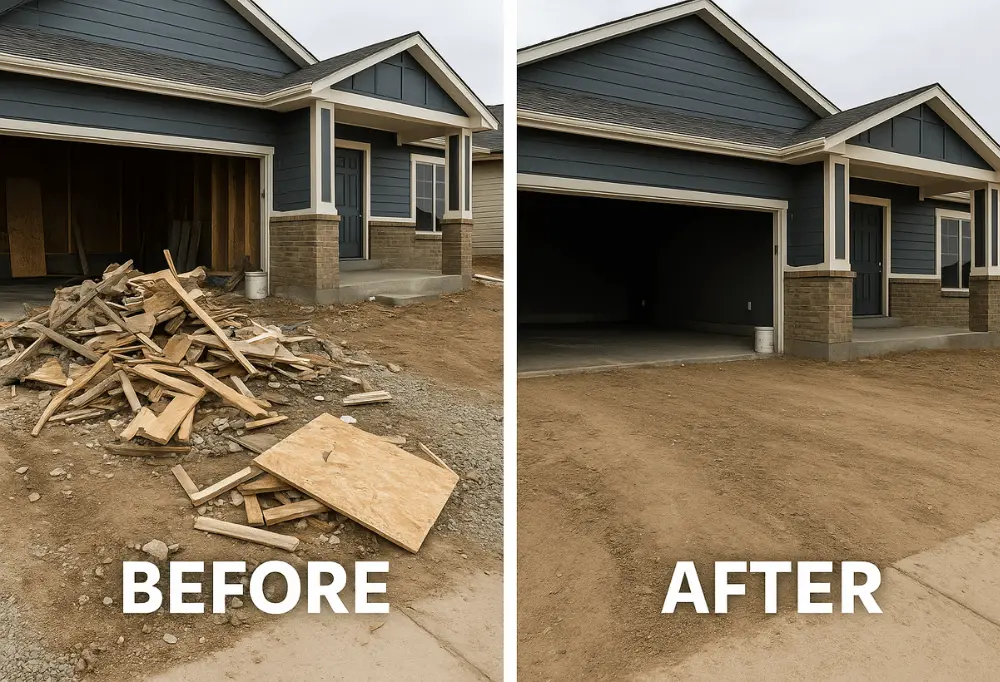Before and after construction site clean up showing scattered wood debris cleared away from a Colorado home’s driveway and garage area.